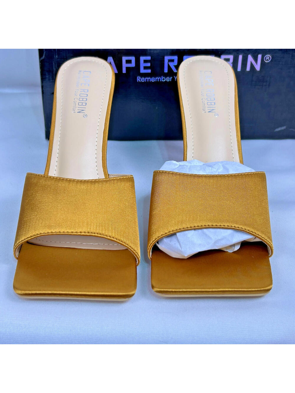 Cape Robbin Mustard Yellow Satin Open-Toe Mules - Picture 2 of 6